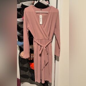 Neeshous Ribbed Wrap Dress in Dusty Rose